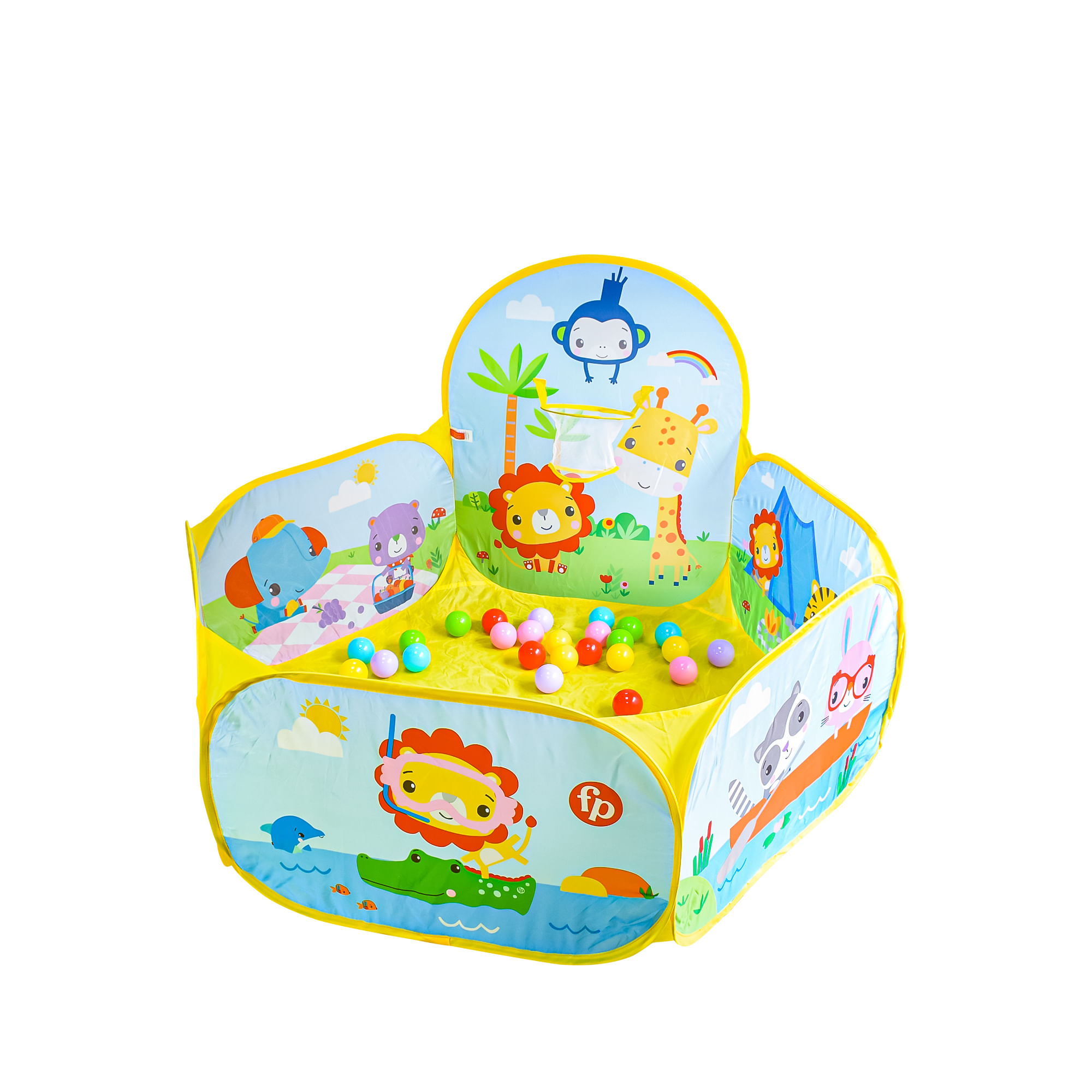 Set Piscina Hexagonal con Pelotas Fisher Frice Fisher Price Caja x 1 Piscina diseño de animales con 25 pelotas y con aro de baloncesto para bebés. Este brillante y vibrante juego al aíre libre mantendrá a tus hijos entretenidos durante horas. Tela suave y diseño de mal