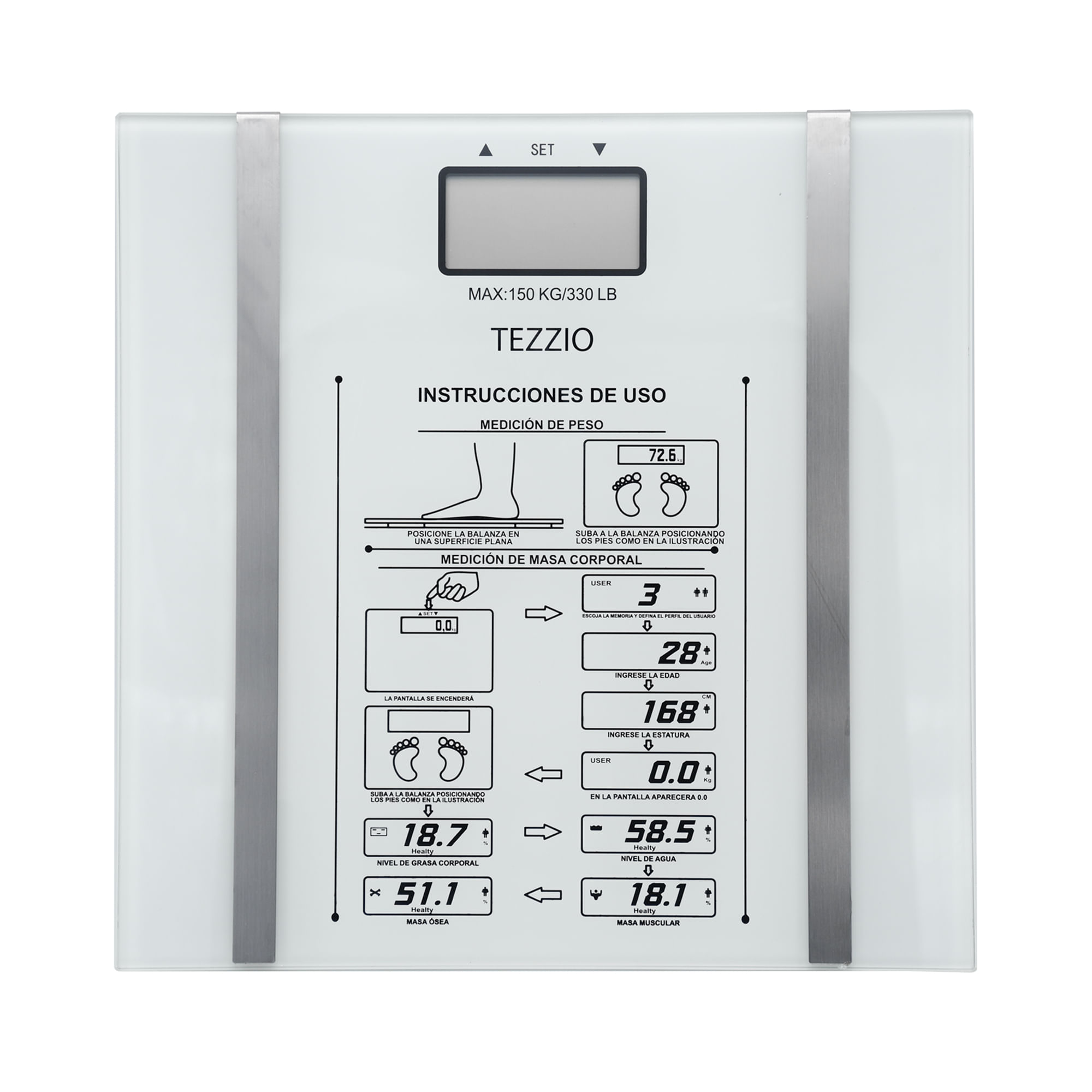 Báscula Digital Tezzio en Vidrio 5 Funciones Tezzio Caja x 1  