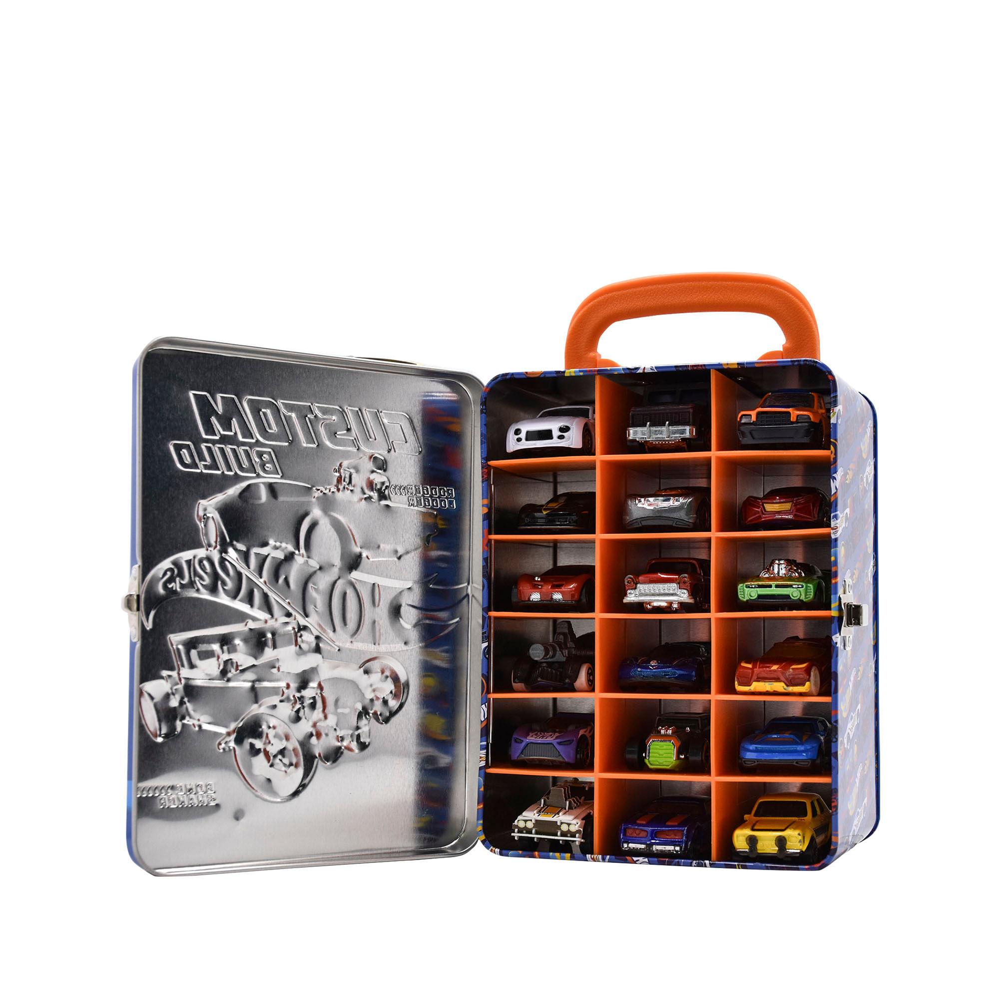 Organizador Metálico para 18 Carros Hot Wheels Azul Hot Wheels Caja x 1 Organiza y lleva la diversión de Hot Wheels a todas partes. Una forma novedosa de almacenar y transportar hasta 18 carros modelo 1:64 de Hot Wheels y otras marcas. Organizador metalico con asa para fá