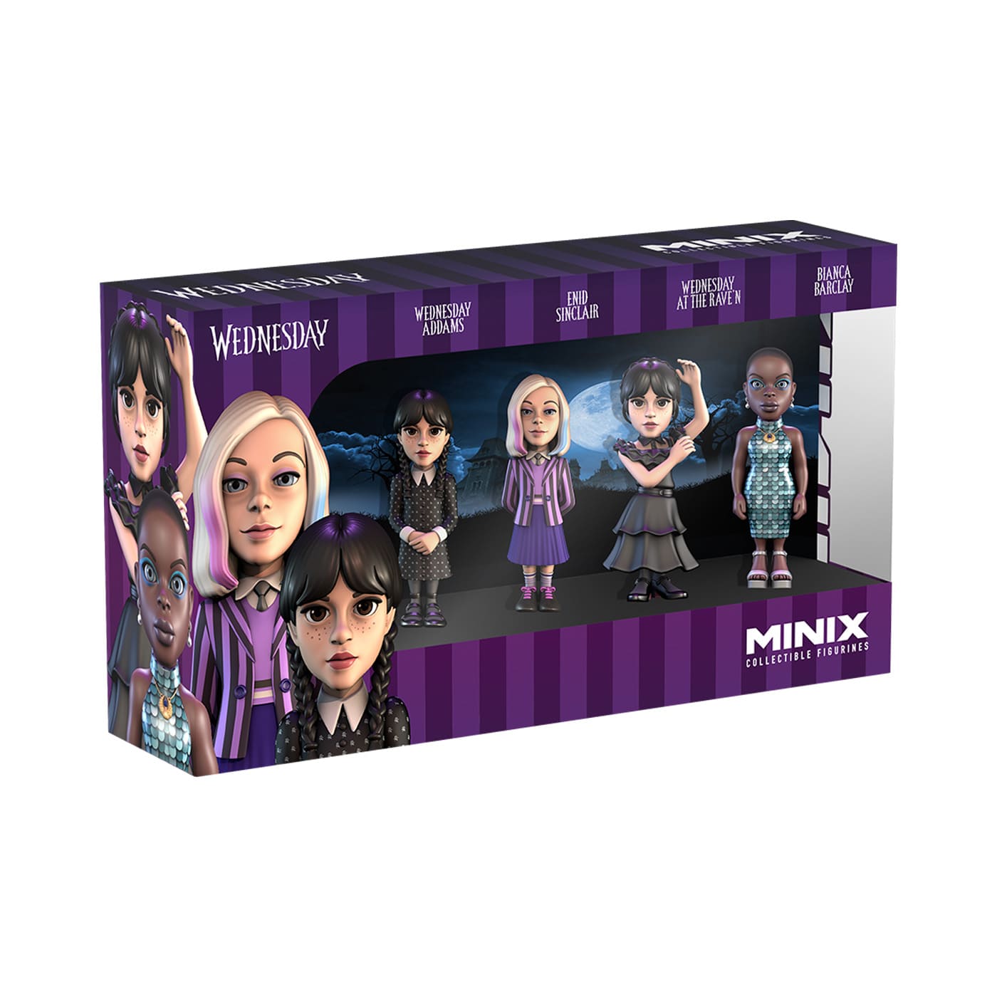 Minix Set de 4 Figuras Coleccionables Merlina MINIX Caja x 4 Explora lo macabro y lo encantador con el Set de 4 Figuras Coleccionables de Merlina de Minix. Cada figura captura a Merlina Addams en diferentes poses y atuendos icónicos, trayendo a la vida el pecul