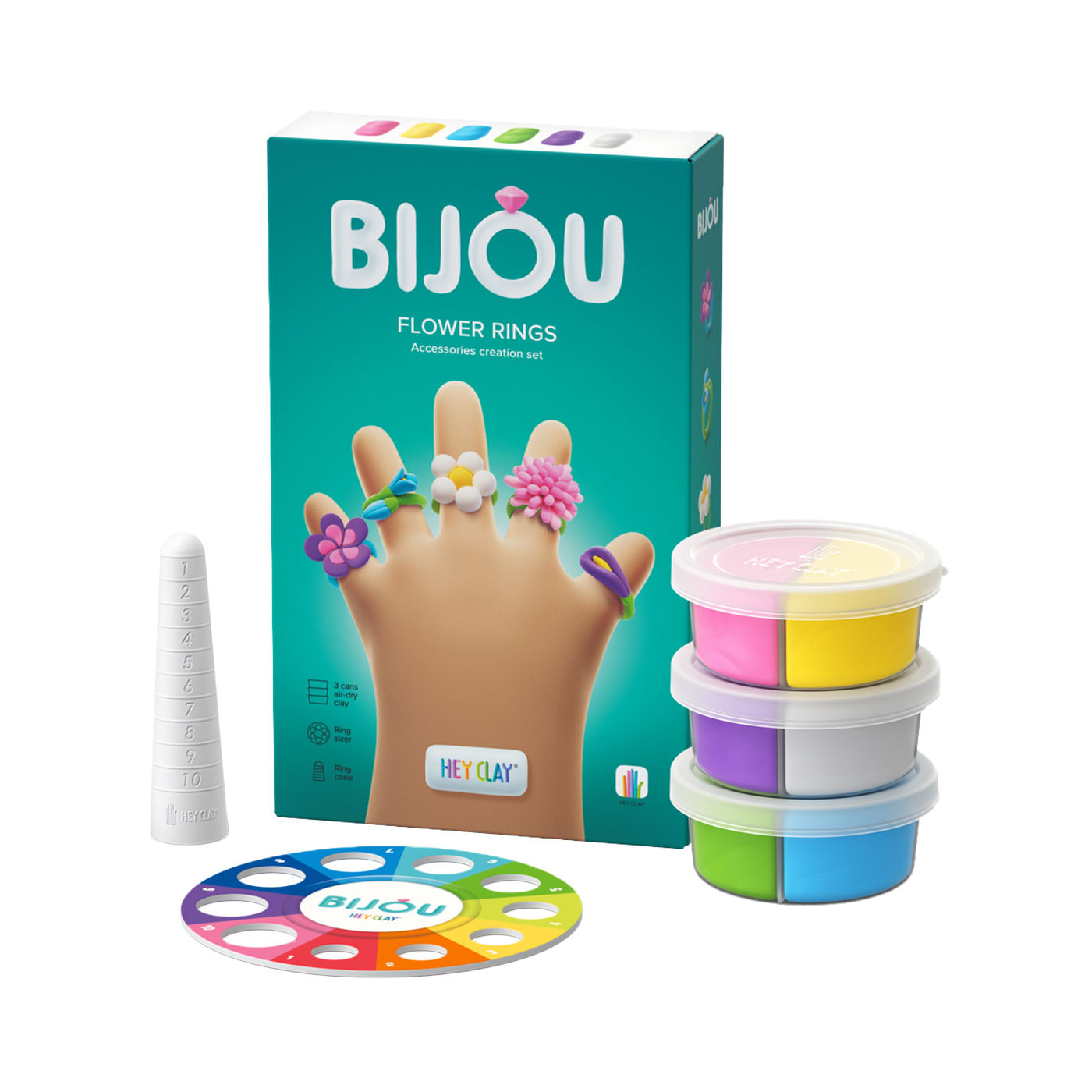 Masa Moldeable Hey Clay Set de Anillos Florales x 3 Envases Hey Clay Caja x 3 ĦDespierta la creatividad de tus hijos con el Set de Anillos Florales HEY CLAY! Este set incluye 3 latas de plastilina de secado al aire en colores vibrantes, perfectas para crear hermosos anillos con